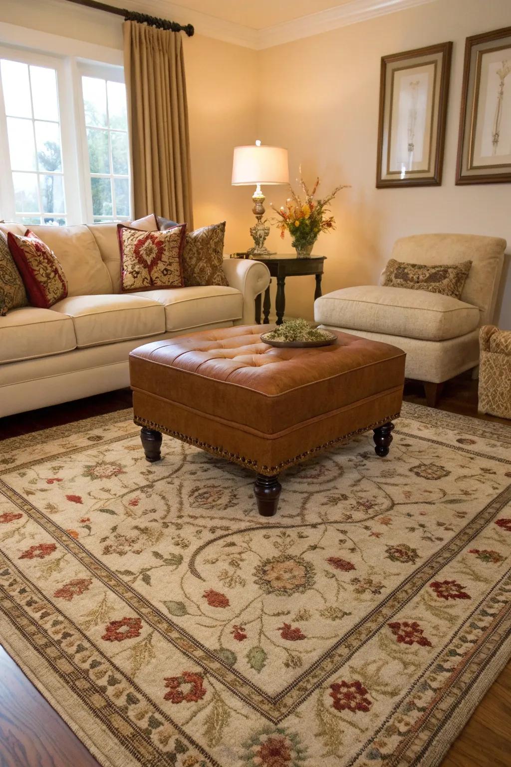 Unified design with coordinated ottoman and floor covering