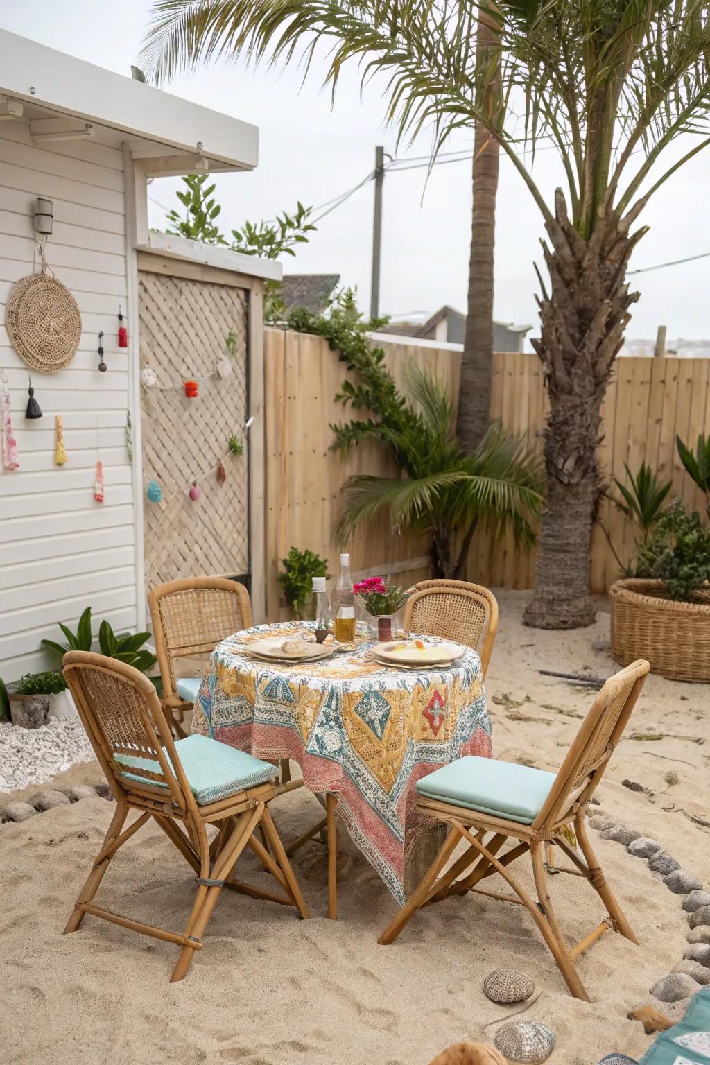 Embrace coastal influences using a twisted fiber bistro set.