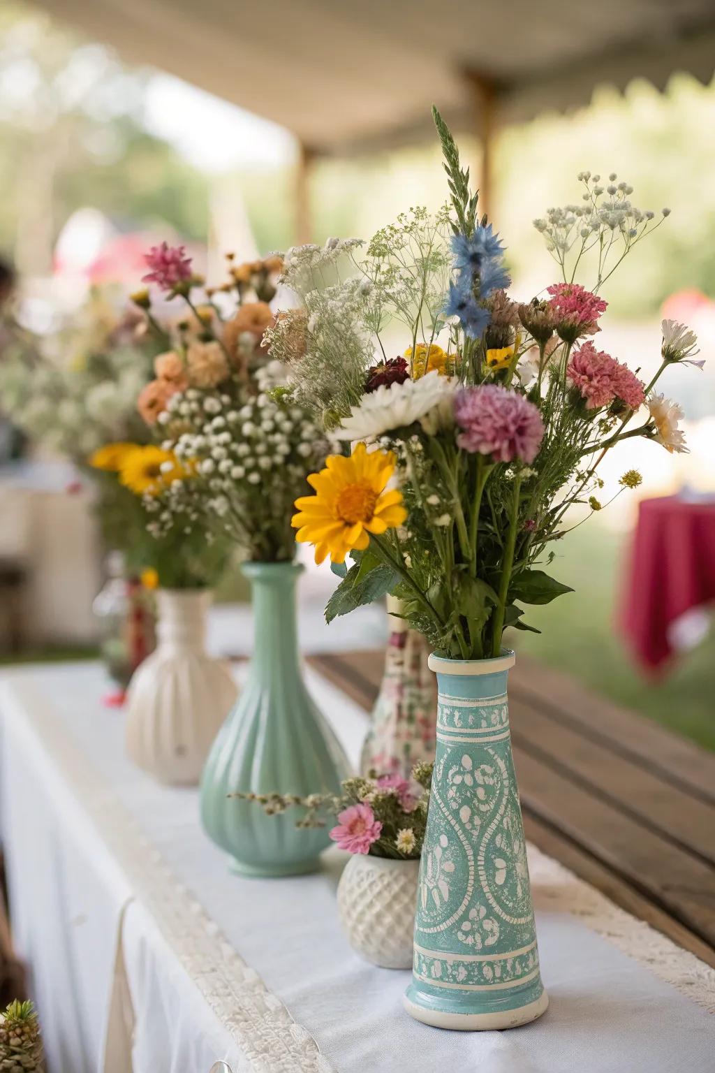 Delightful varied centerpieces featuring classic vases and meadow blossoms.