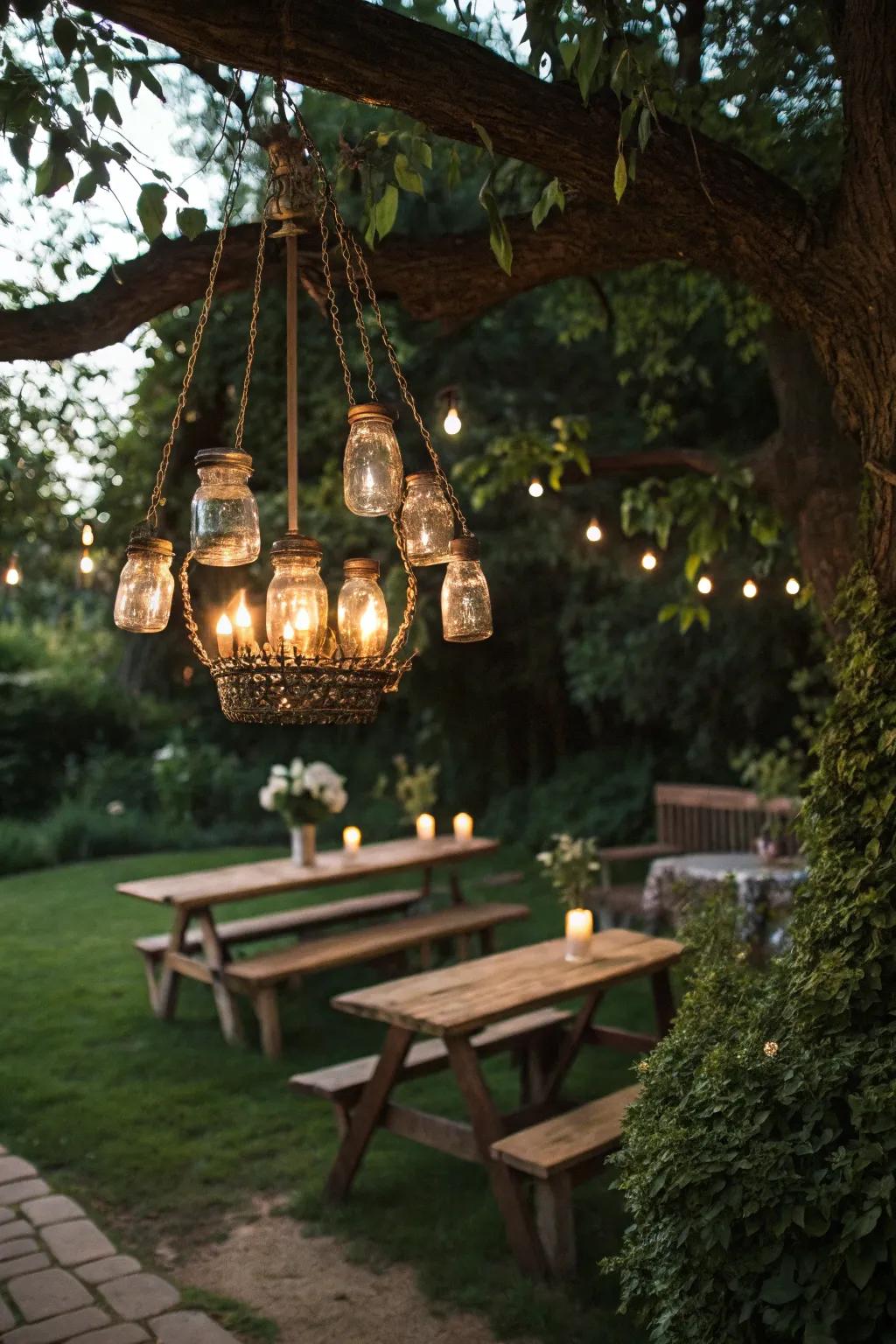 Establish a comfortable farmhouse feel with a canning jar chandelier.