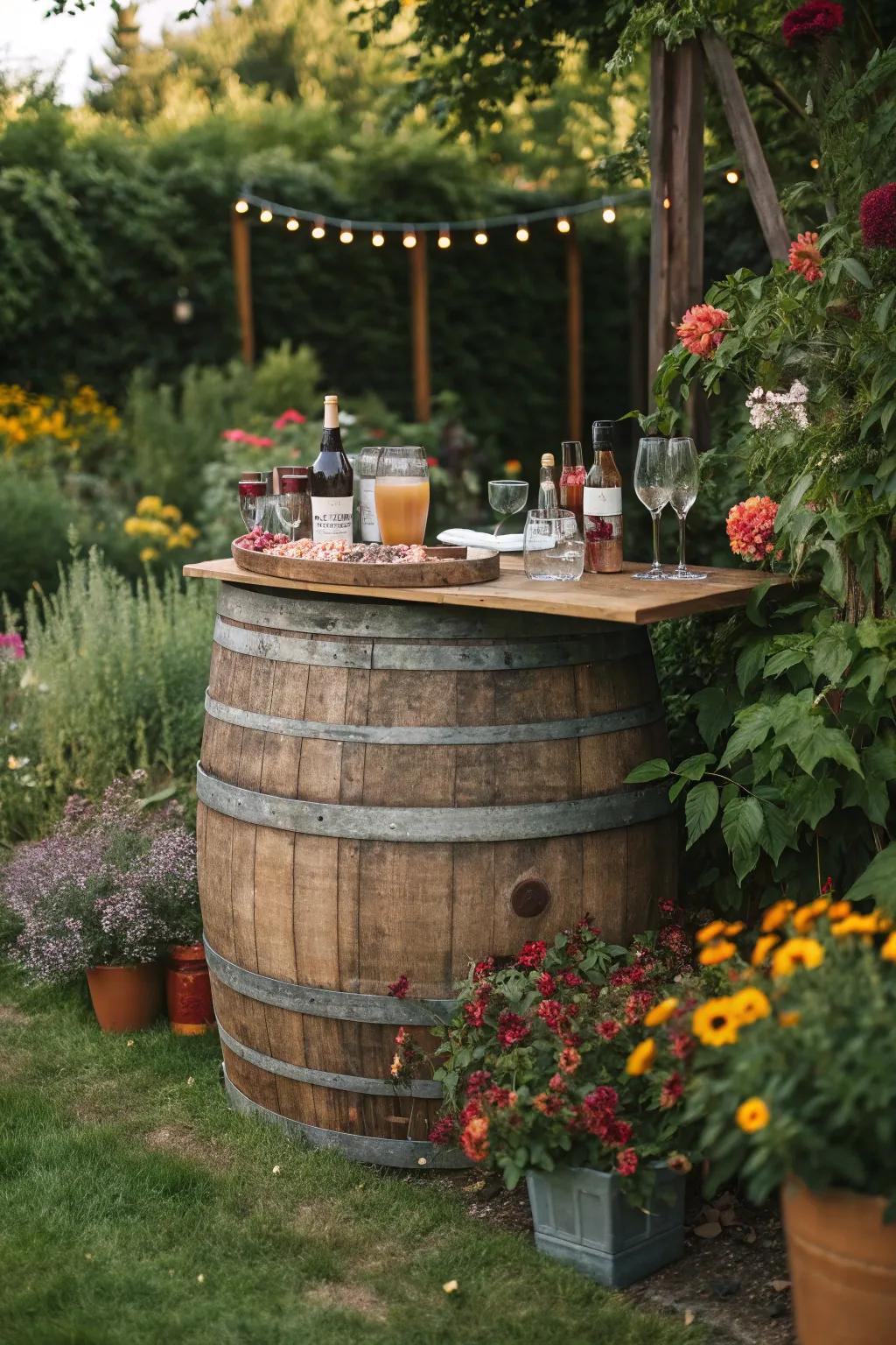 A wine cask bar serves as a homespun centerpiece.