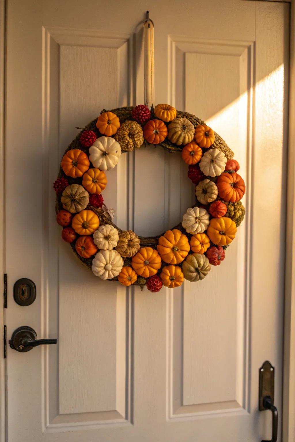A squash wreath enriches the door with a distinctive and playful accent.