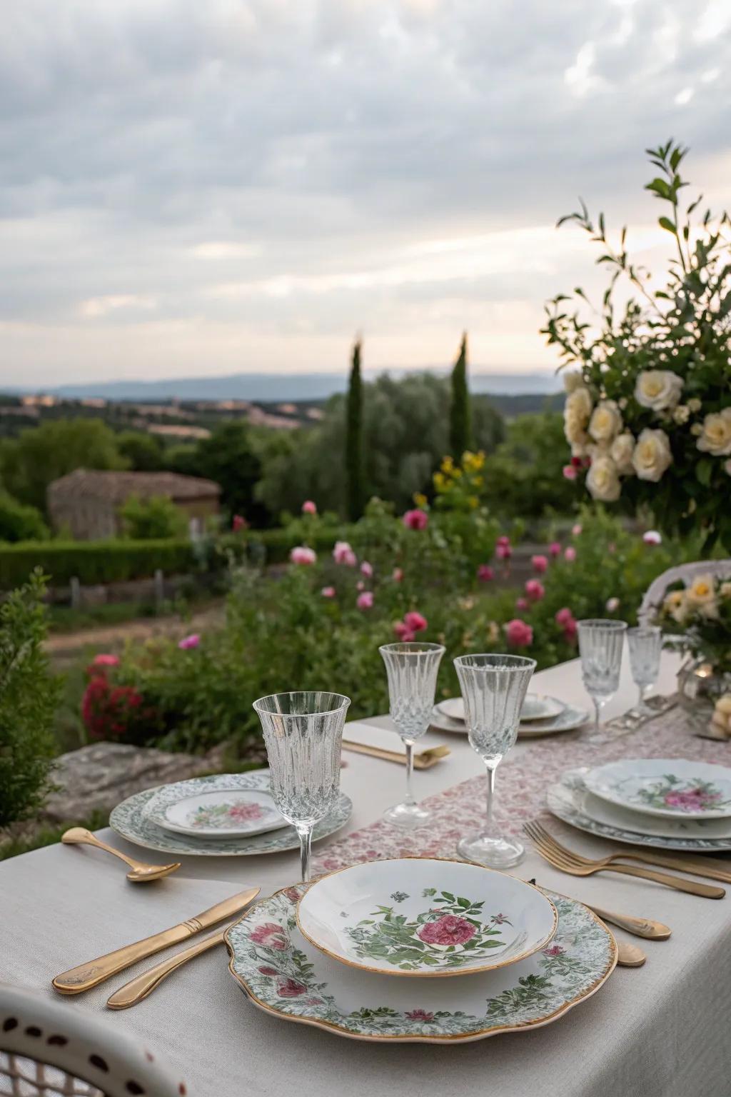 Open-air dining under the sky using elegant tableware.