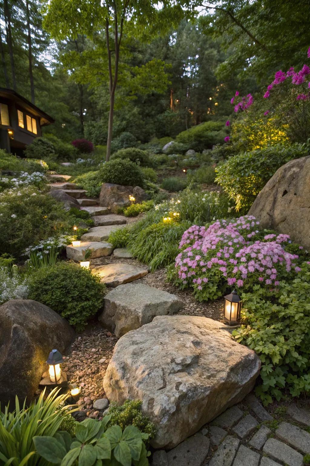 Authentic stones enhancing a garden space alongside surrounding plant life.