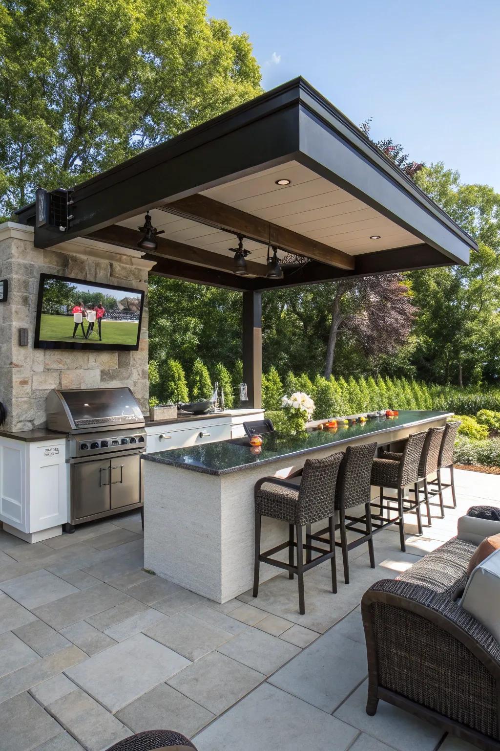 A TV and sound system transform your outdoor bar into an entertainment hub.