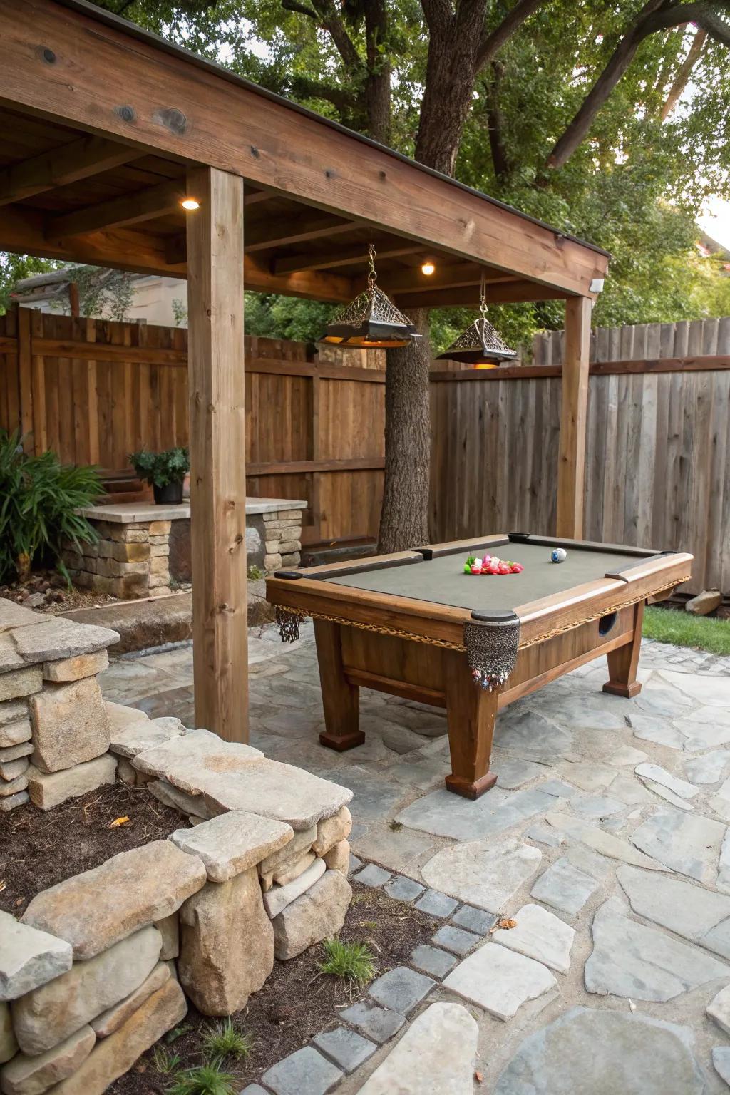A countryside open-air billiard table layout, incorporating timber and cobblestone.