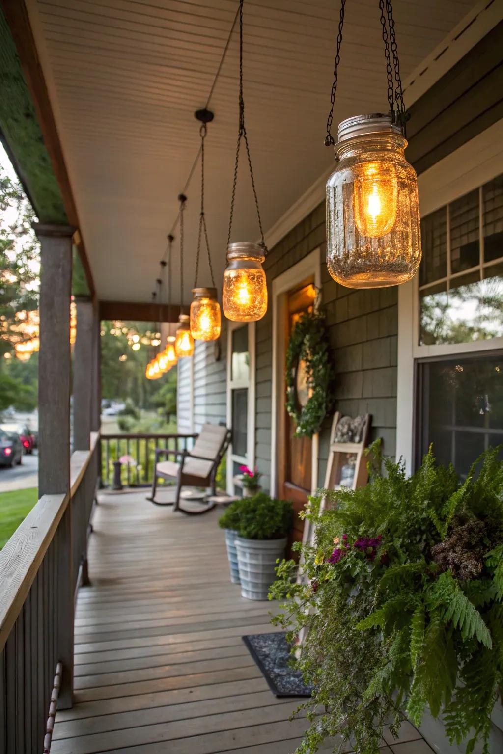 Handcrafted glass jar luminaires infuse delightful creativity into your porch.