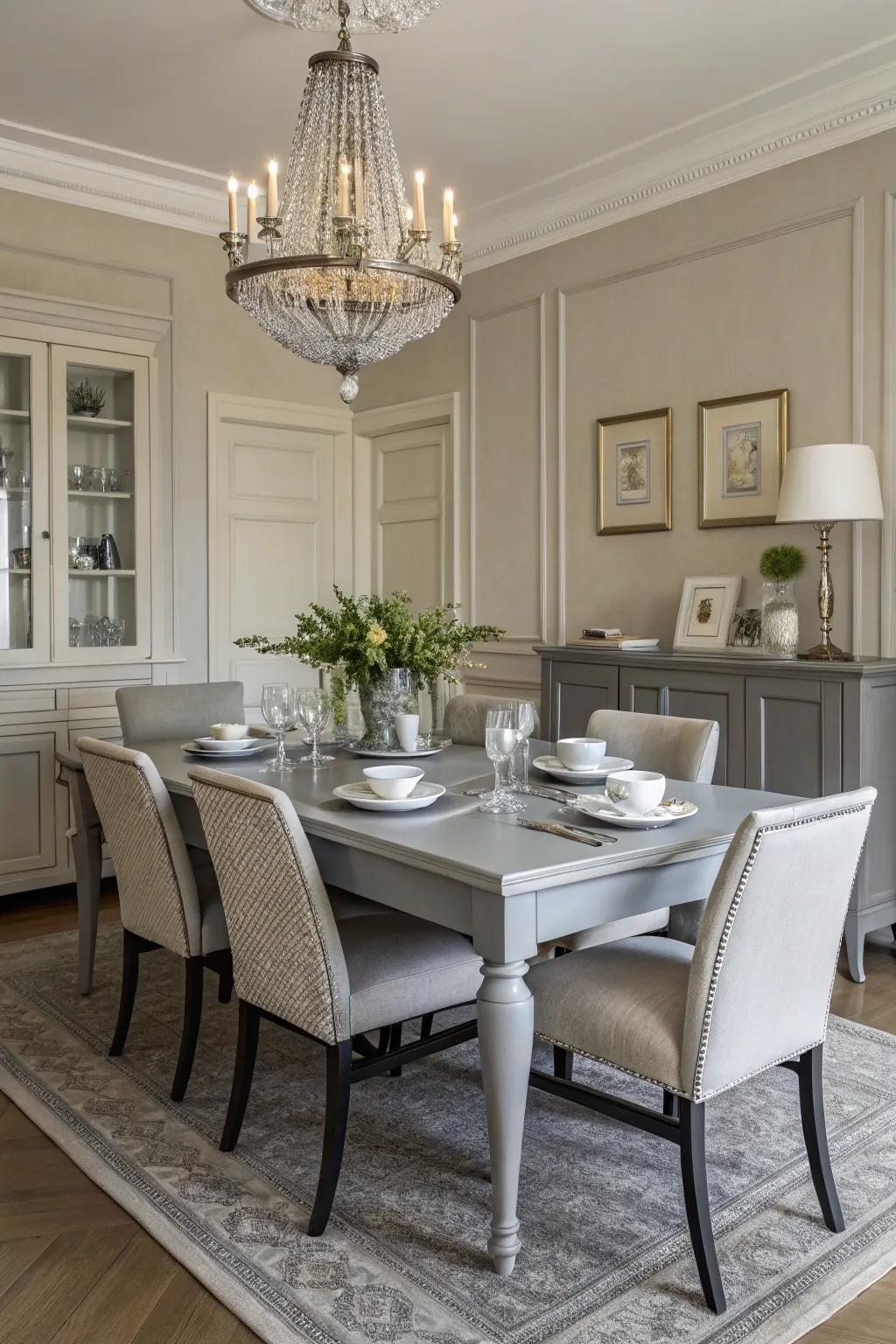 Soft gray finish adds understated elegance to your dining table.