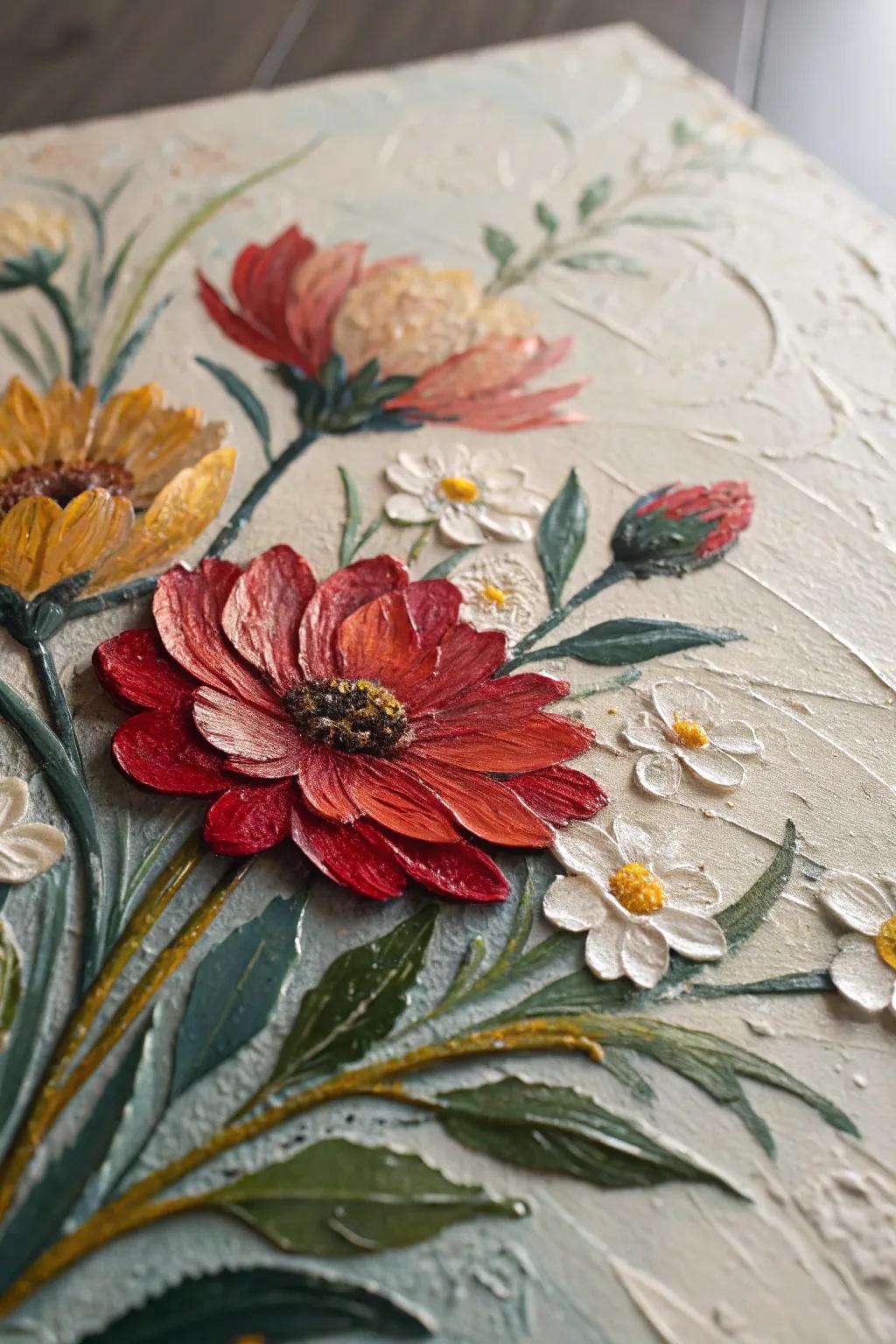 Textured layers introduce magnitude to flower art.