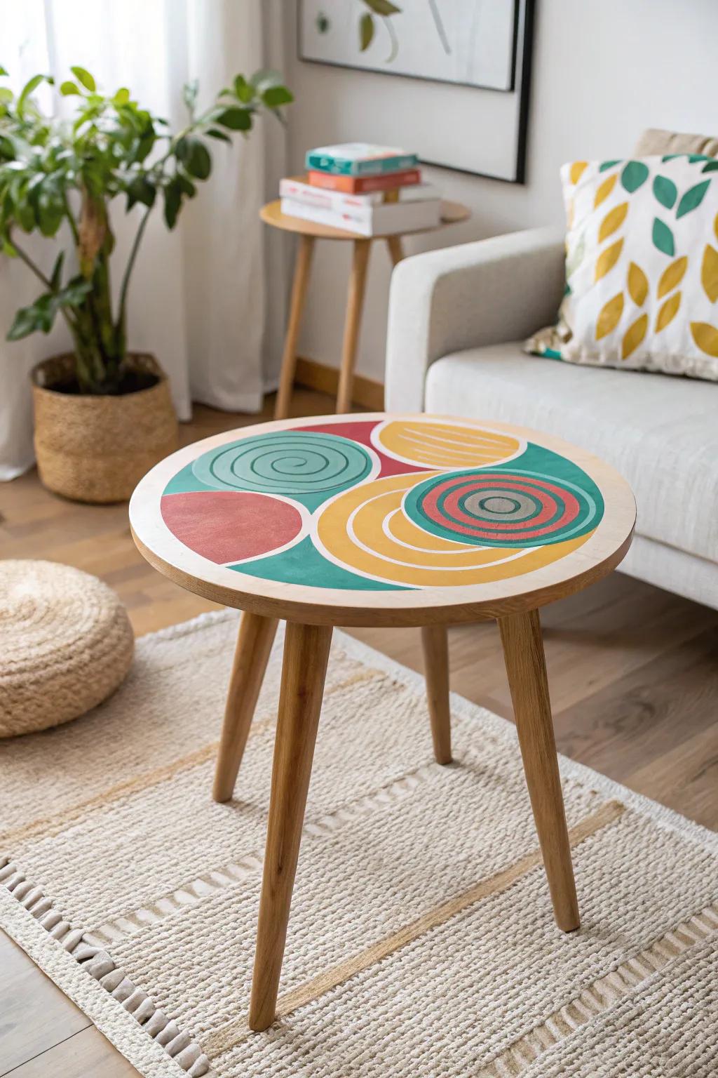 Elevate your space with a splash of color: A vibrant accent table with artistic spherical designs.
