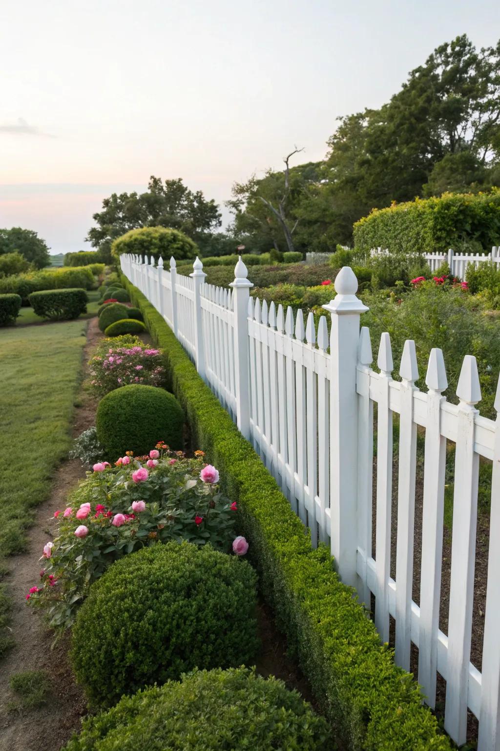 A classic white fence enhancing the garden's elegance.