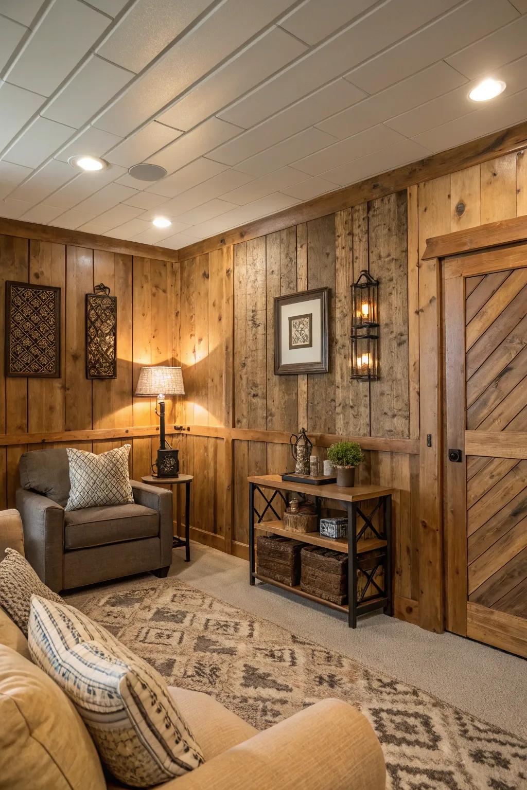 Room featuring repurposed timber panels for rustic charm.