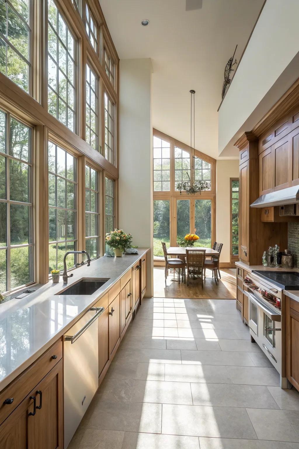 Sunlight enhances the openness of a parallel kitchen.