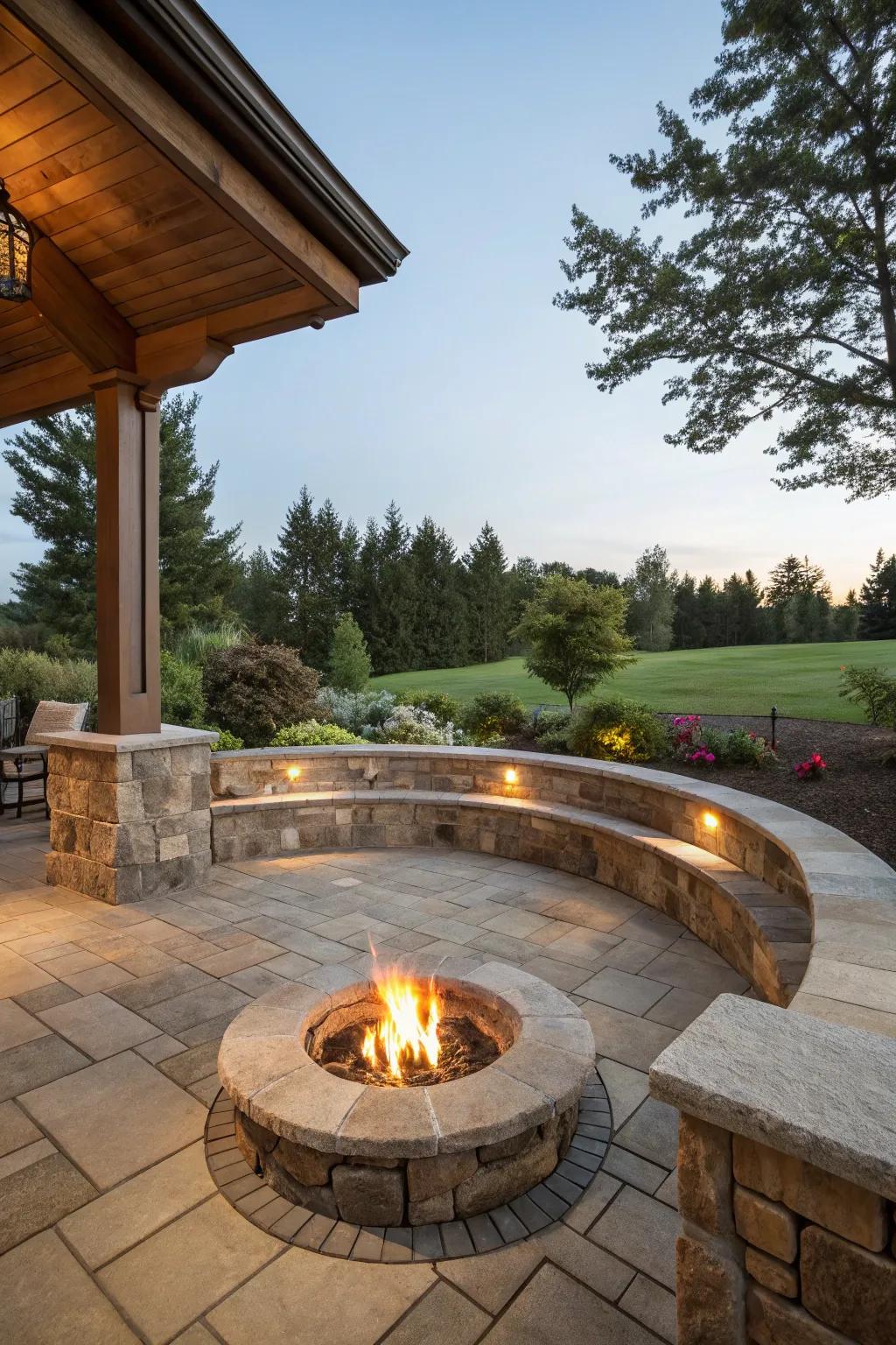 Built-in seating walls offer style and functionality.