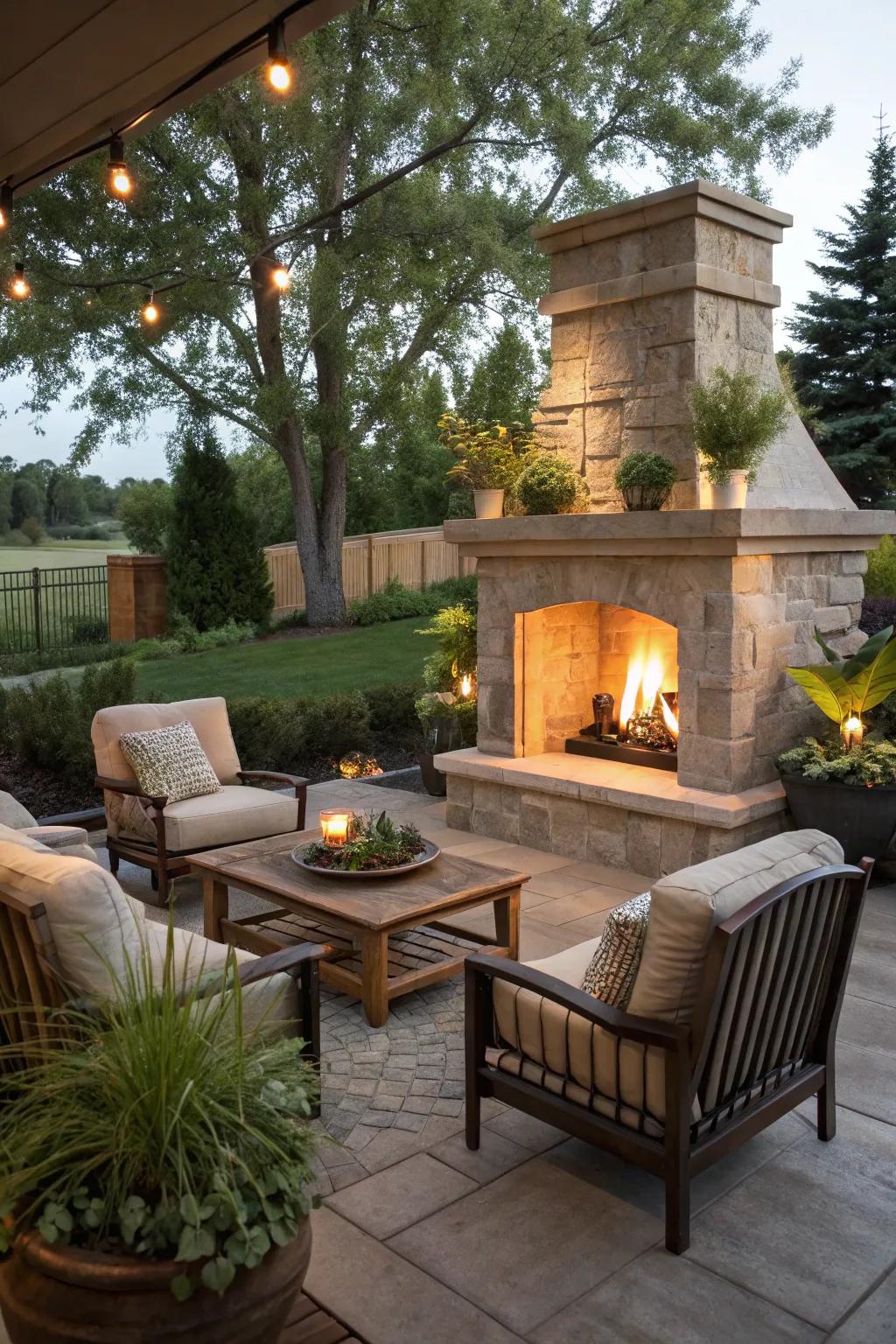 An outdoor hearth sets up a grand and welcoming focal point.