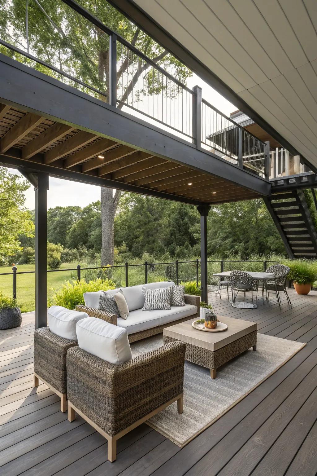 Lower-level areas offer cool, natural shade and extra living space.