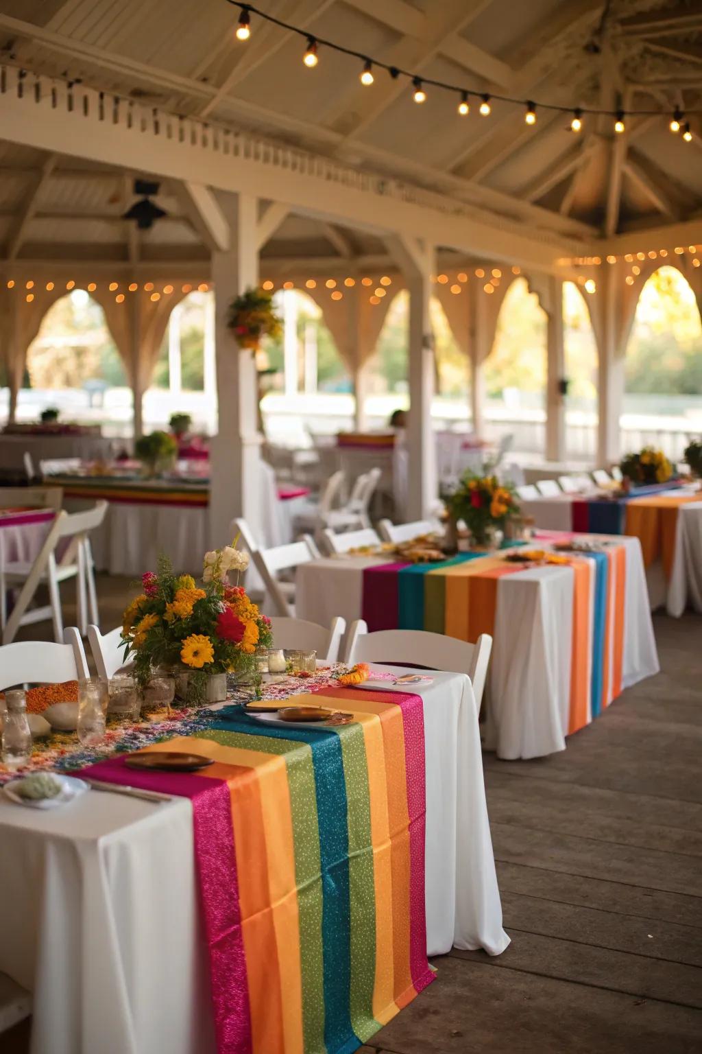 Vibrant table runners contribute energy and unite the nuptial theme.