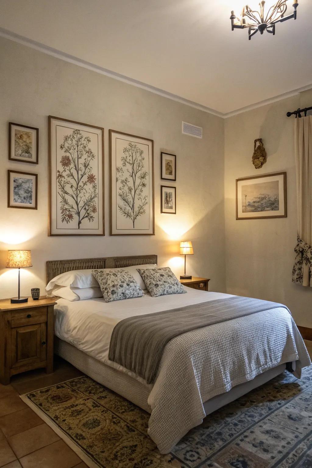 A bedroom with carefully selected artwork that enhances its tranquil atmosphere.