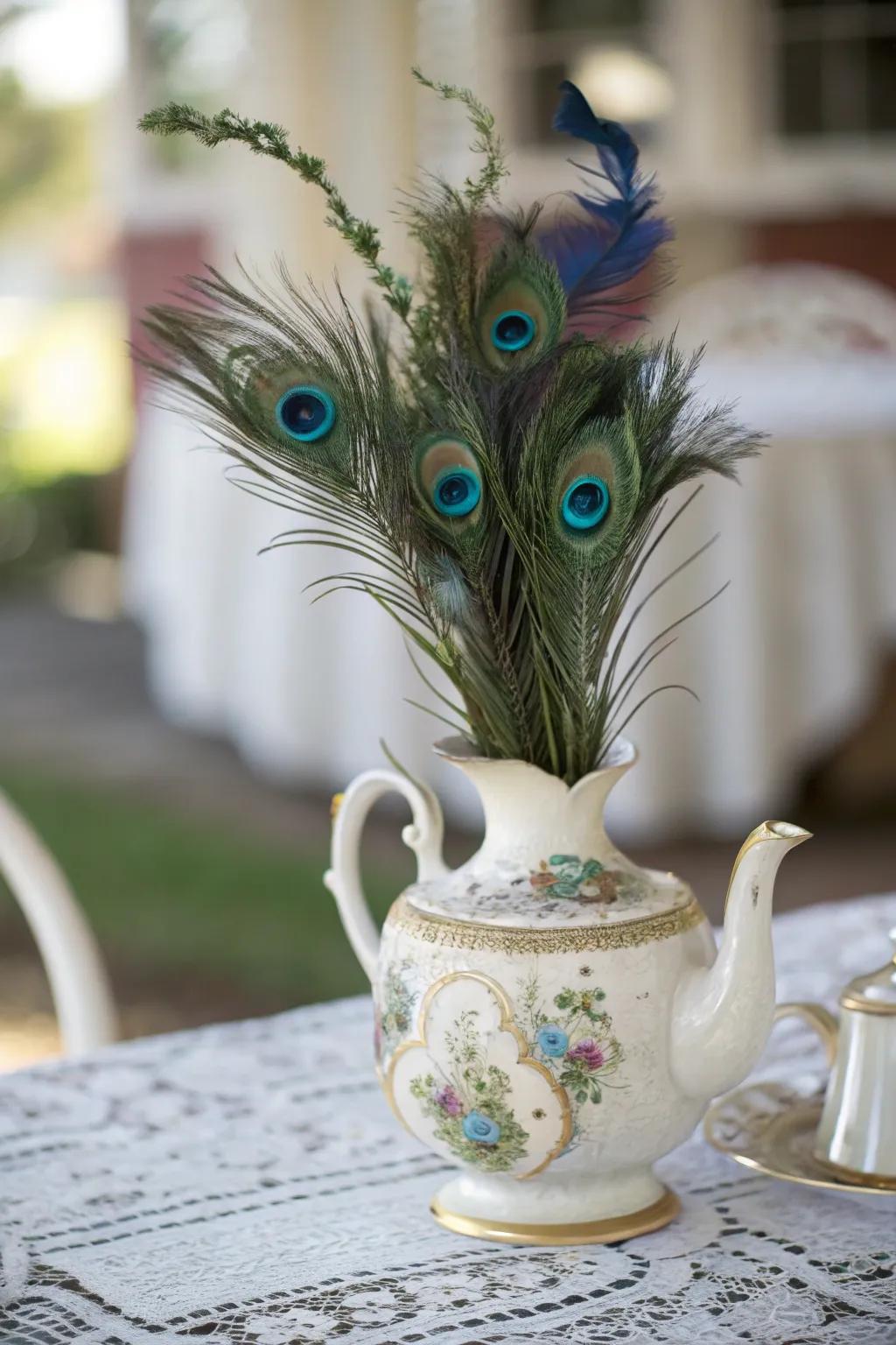 Nostalgic elegance featuring a vintage beverage pot and plume bird quills.