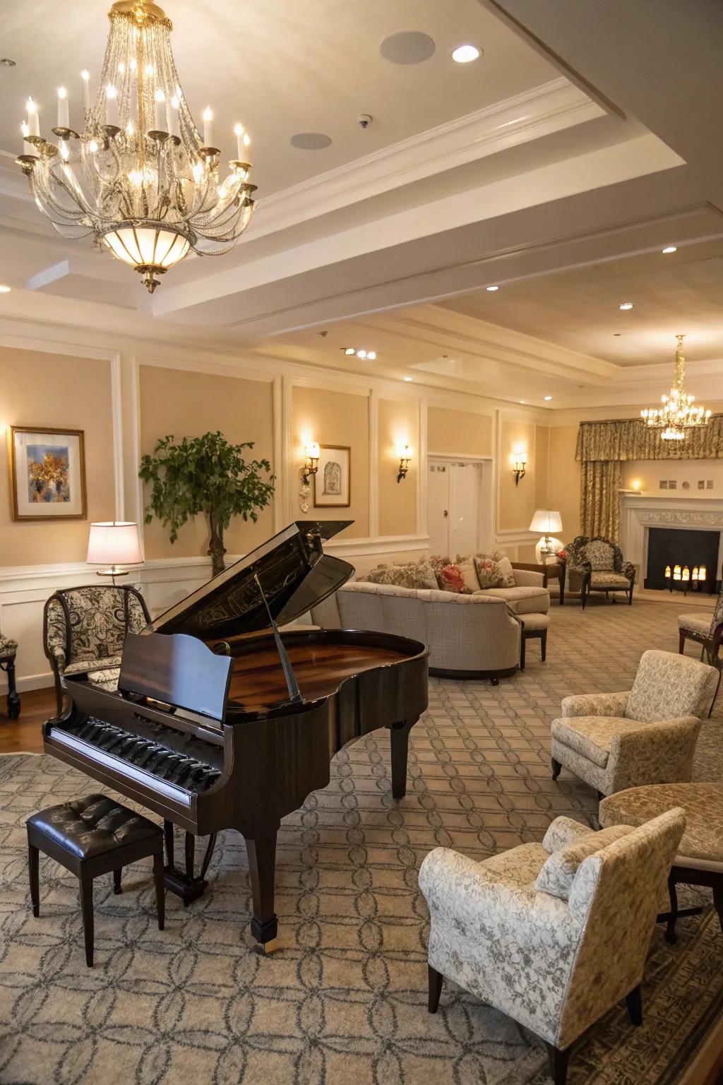 An adaptable piano room that accommodates music and social occasions.