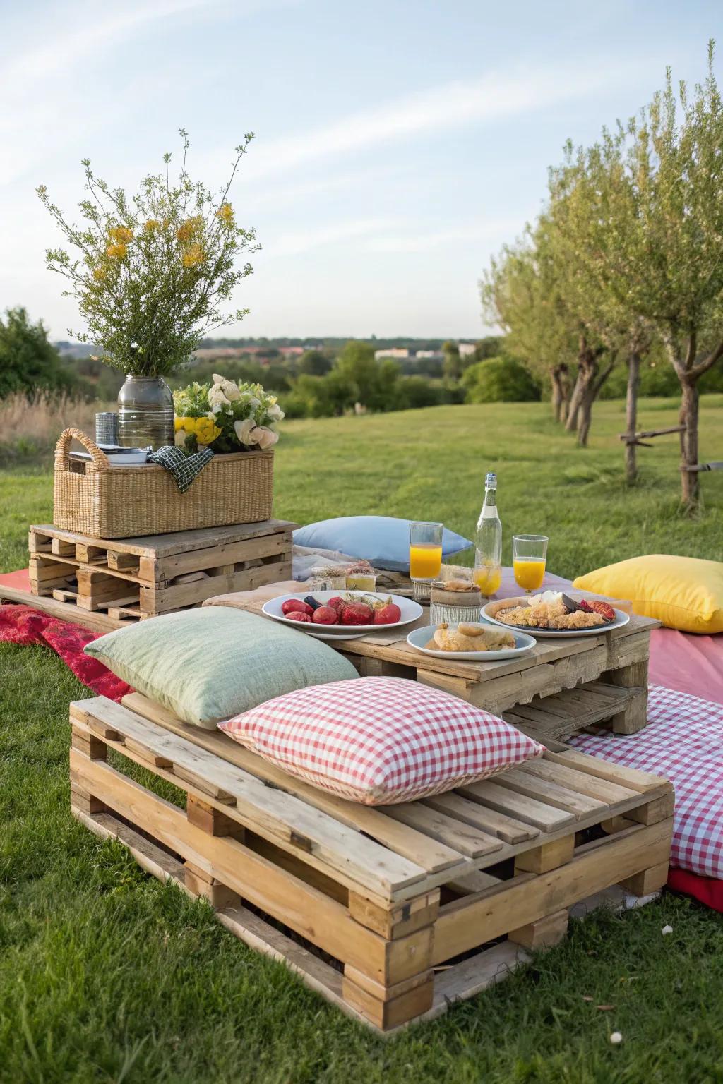 Pallets add a distinctive and countryside aspect to picnic seating.