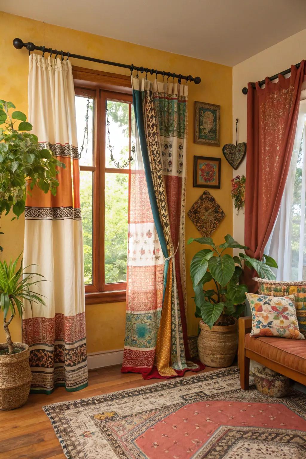 Distinctive and vibrant bohemian drapes adorning a bay window for a unique look.