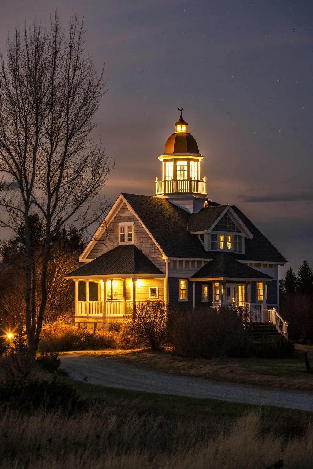 A house with an illuminated cupola, creating a breathtaking nighttime ambiance.