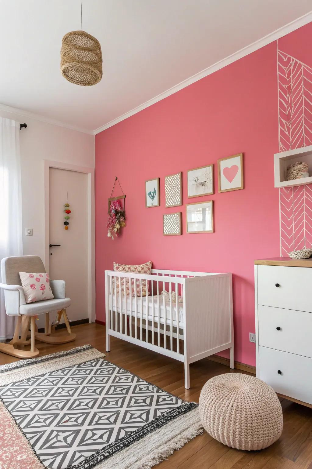An understated nursery where a striking pink wall creates a bold impact.