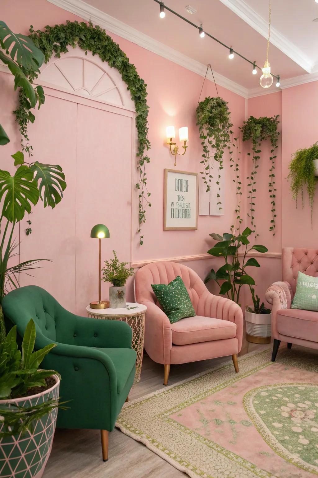 Gentle rose walls with verdant decor elements create a whimsical retreat.