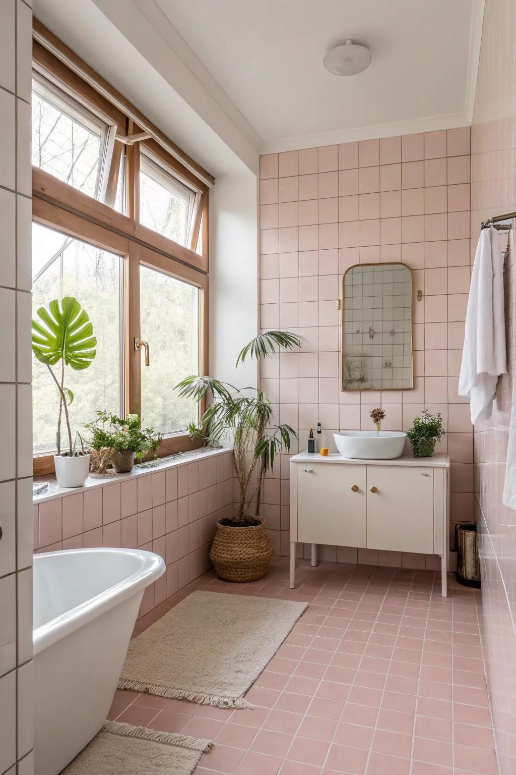 A serene, spa-inspired bathroom featuring gentle rose-tinted tiling.