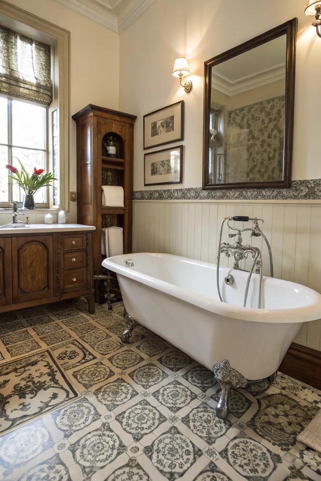 Vintage details enrich contemporary bathrooms with allure and character.