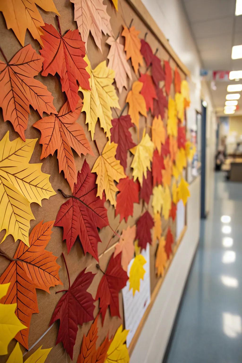 A dynamic fall pin board with layered 3D foliage elements.