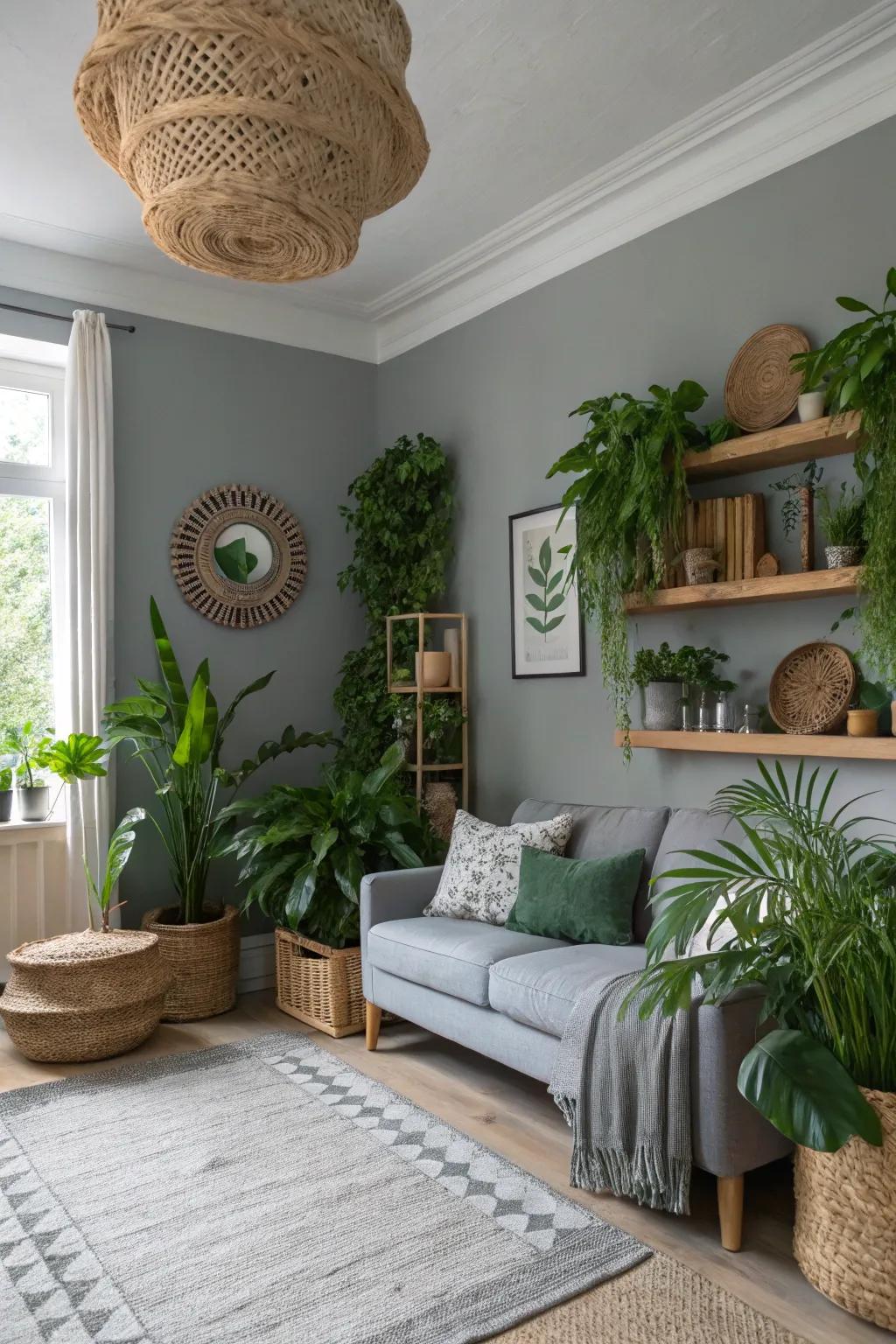 Green plants provide a refreshing touch to grey spaces.