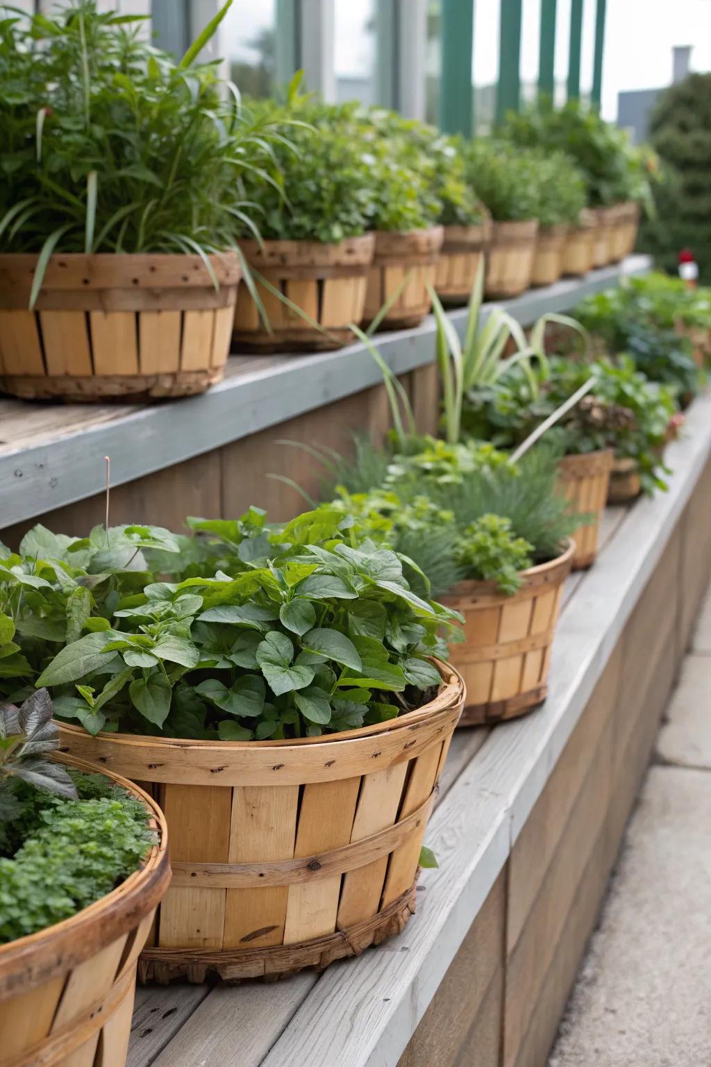 The warmth and depth on this plant ledge come from wood and woven baskets.