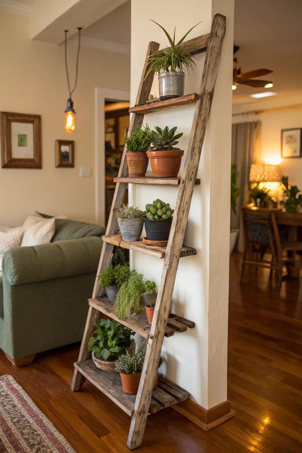 A ladder-style plant display offering vertical interest and multiple tiers.