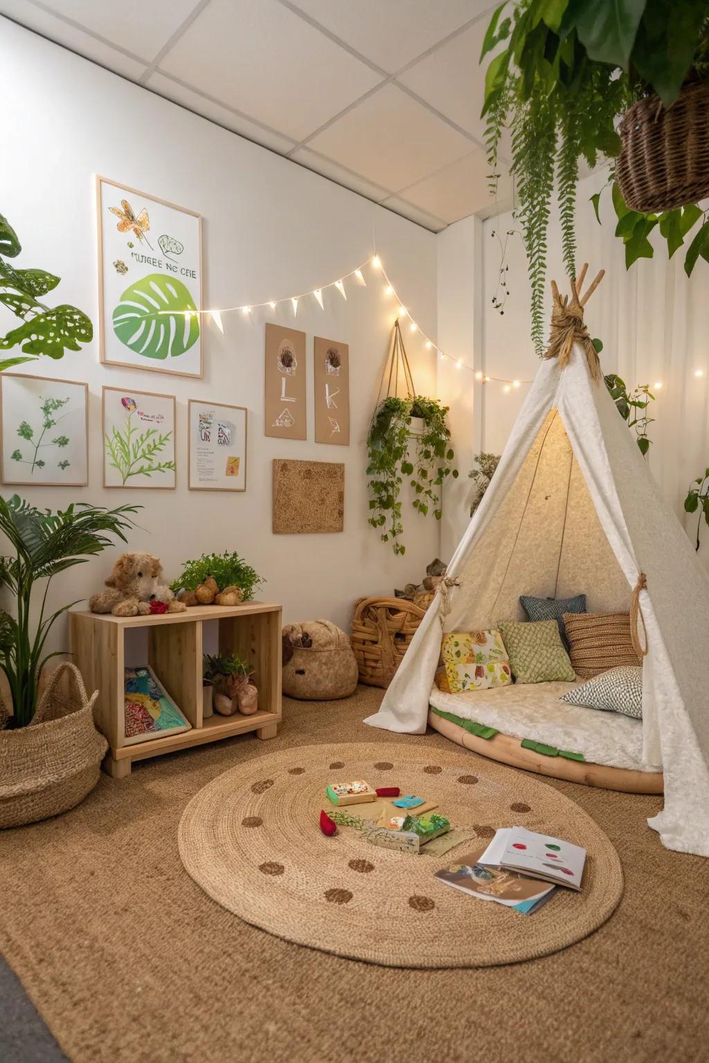 Cork ground covering offers a gentle and eco-conscious play surface.