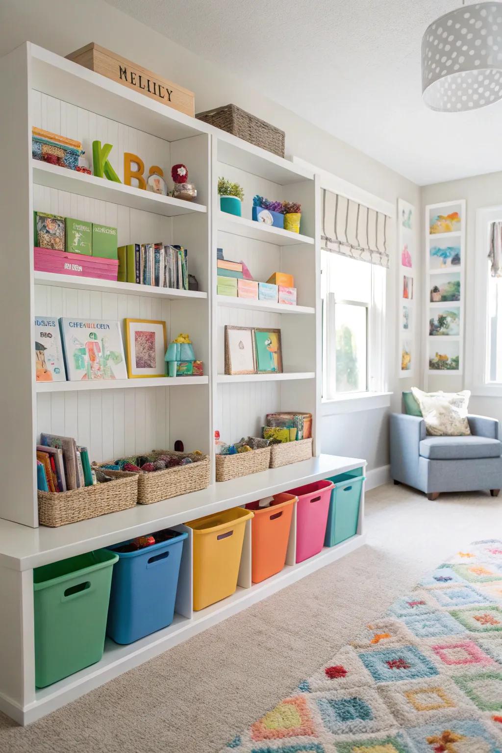 Ingenious storage systems promote room tidiness and structural organization.