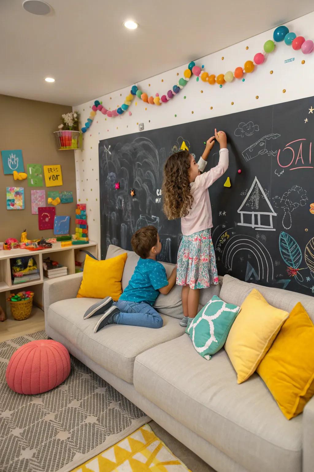 A creative playroom featuring a chalkboard fabric sofa.