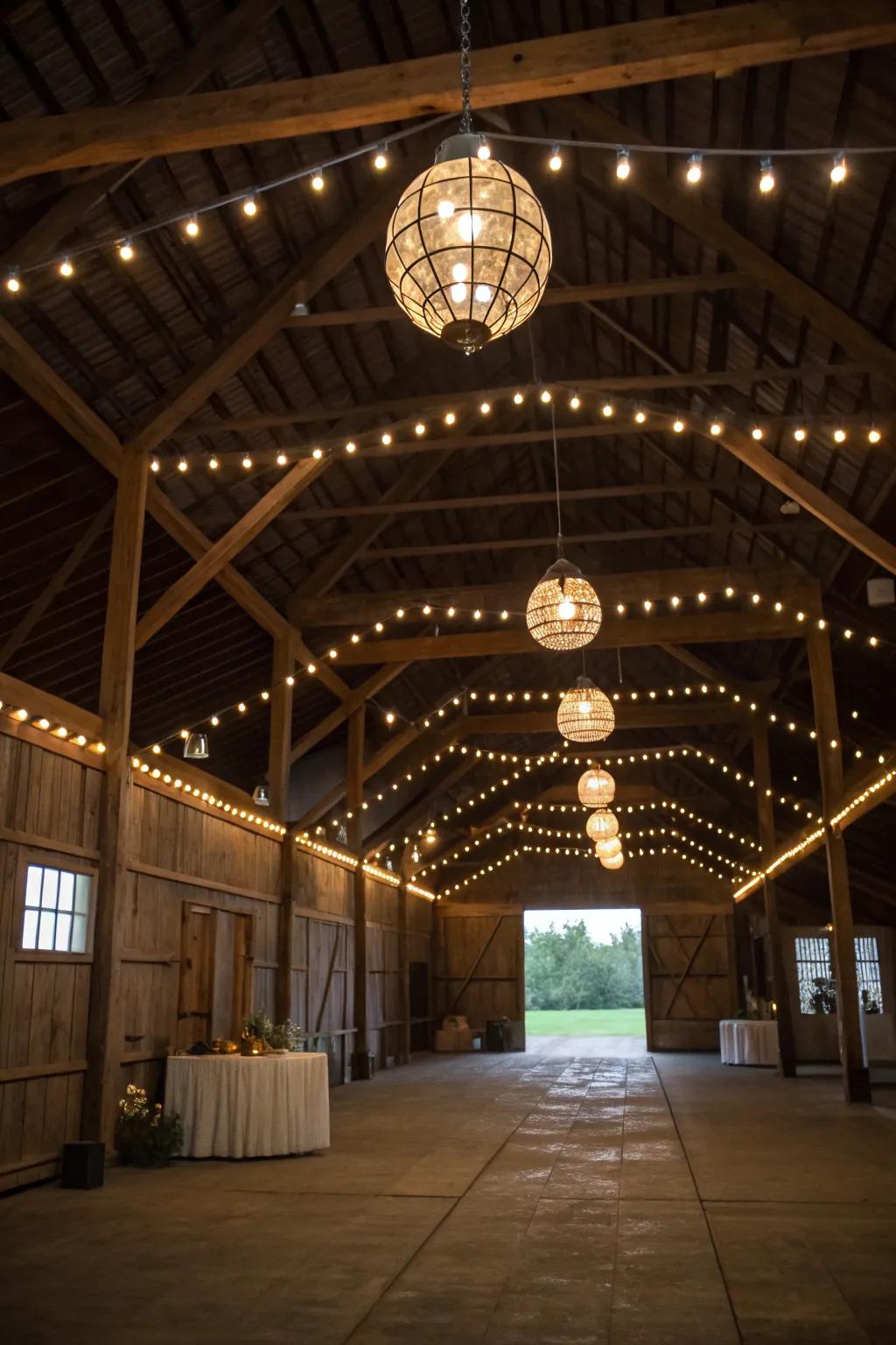 Striking illumination in a pole barn with pendant fixtures and ambient lights.