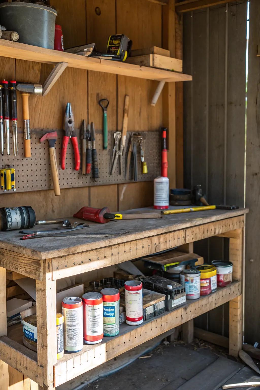 A workbench with integrated storage maximizes utility.