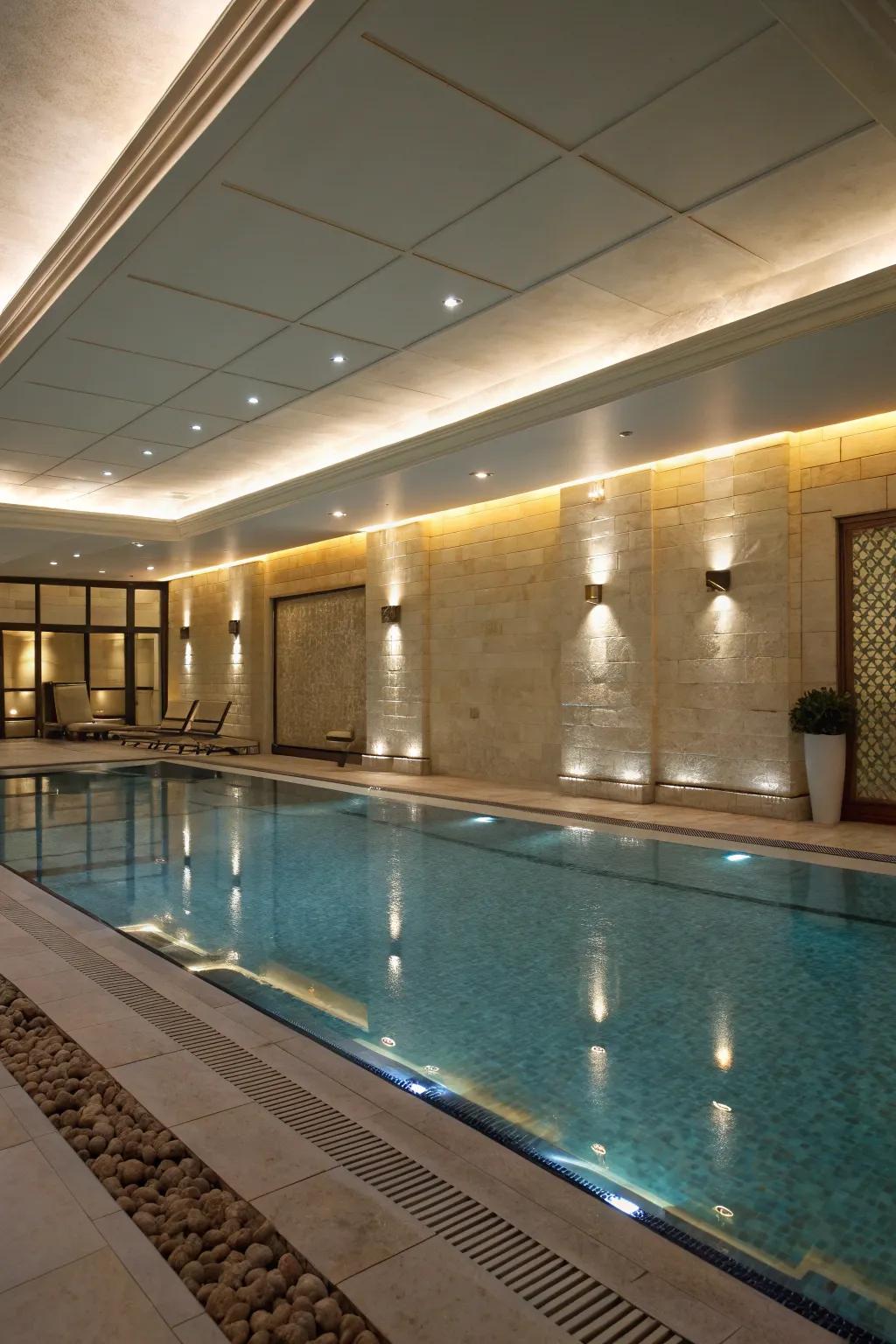 Under-ledge lighting contributes a subtle elegance to poolside walls.