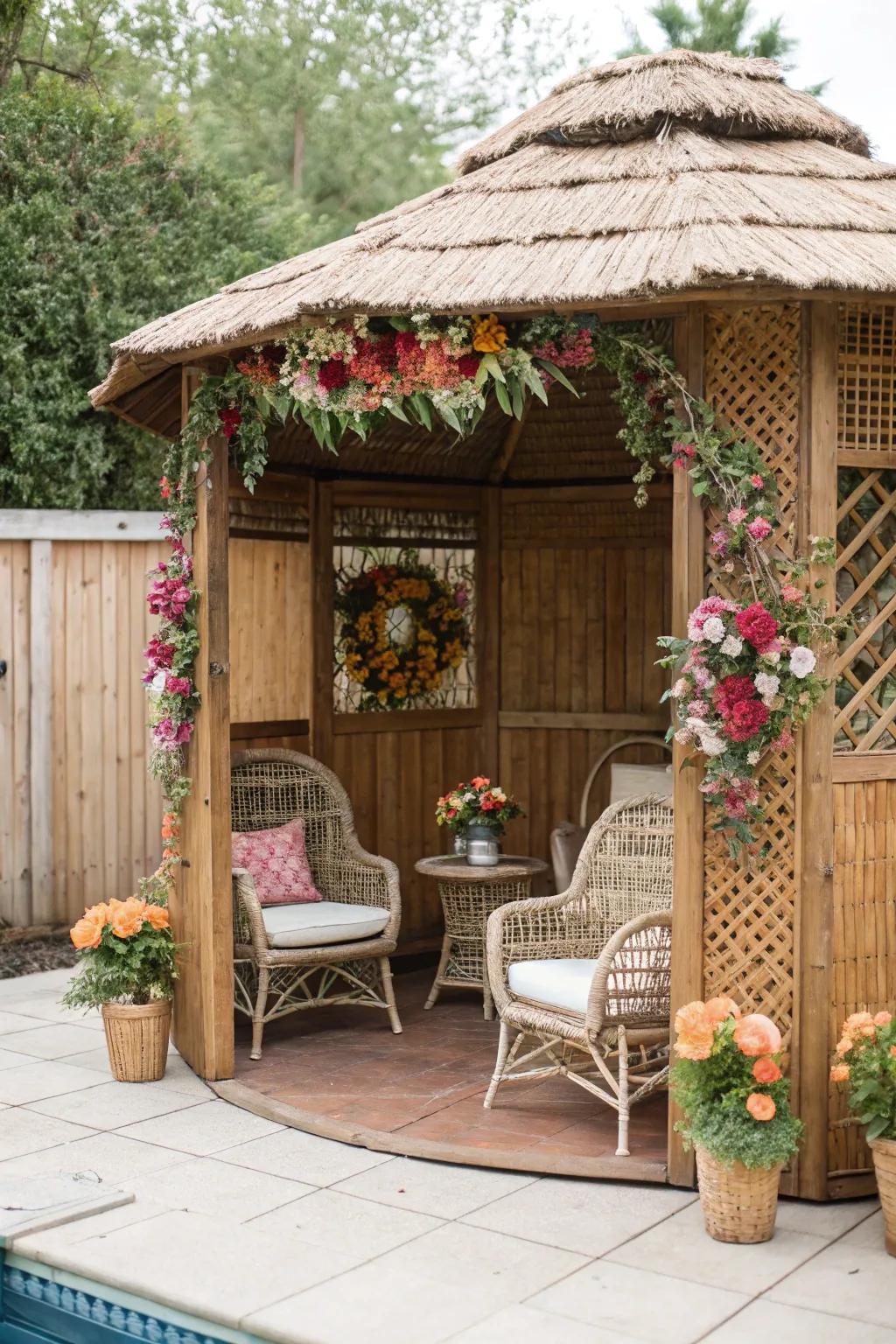A vintage cabana with charming wicker furniture and floral accents.