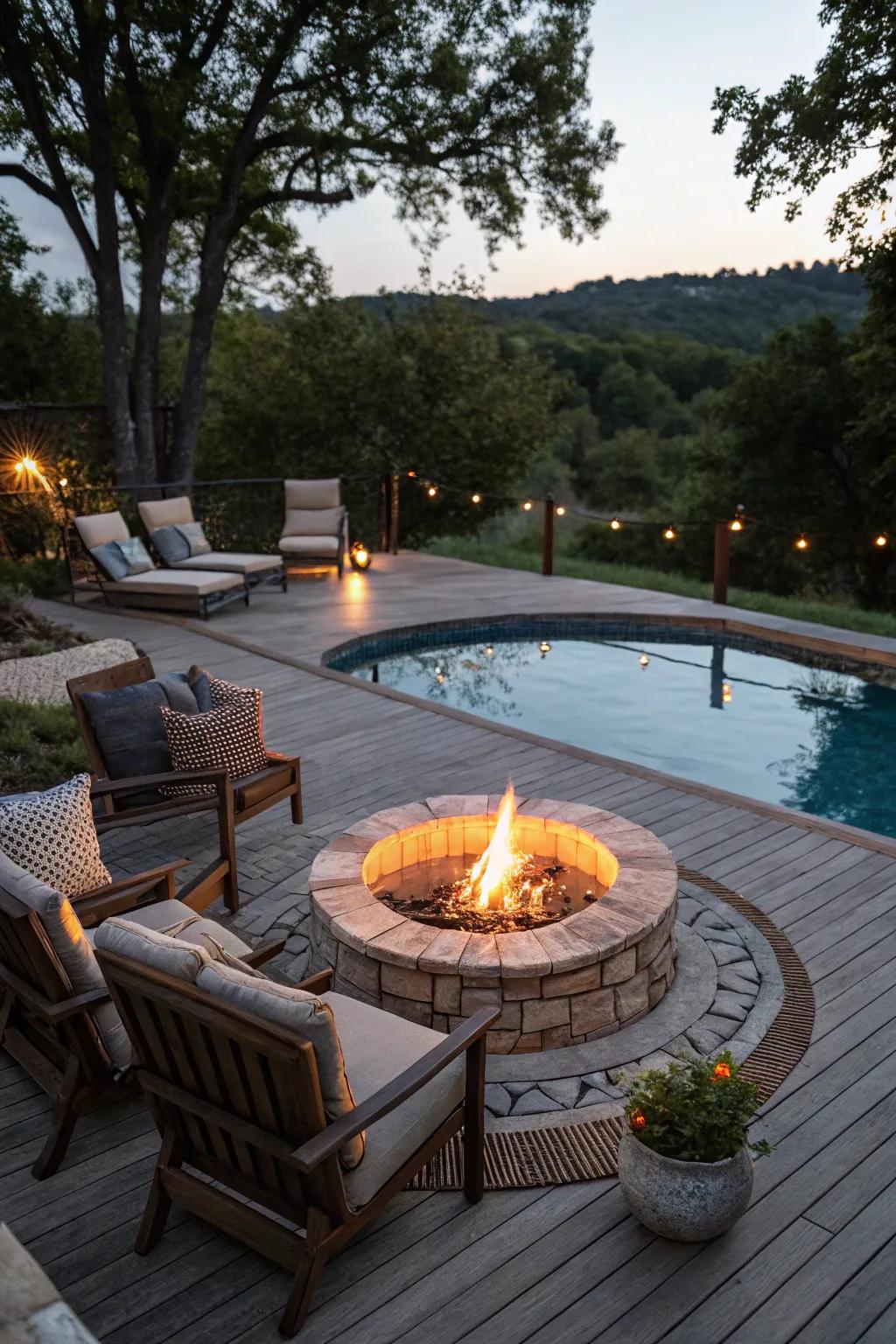 A warm and inviting fire feature on the pool deck.