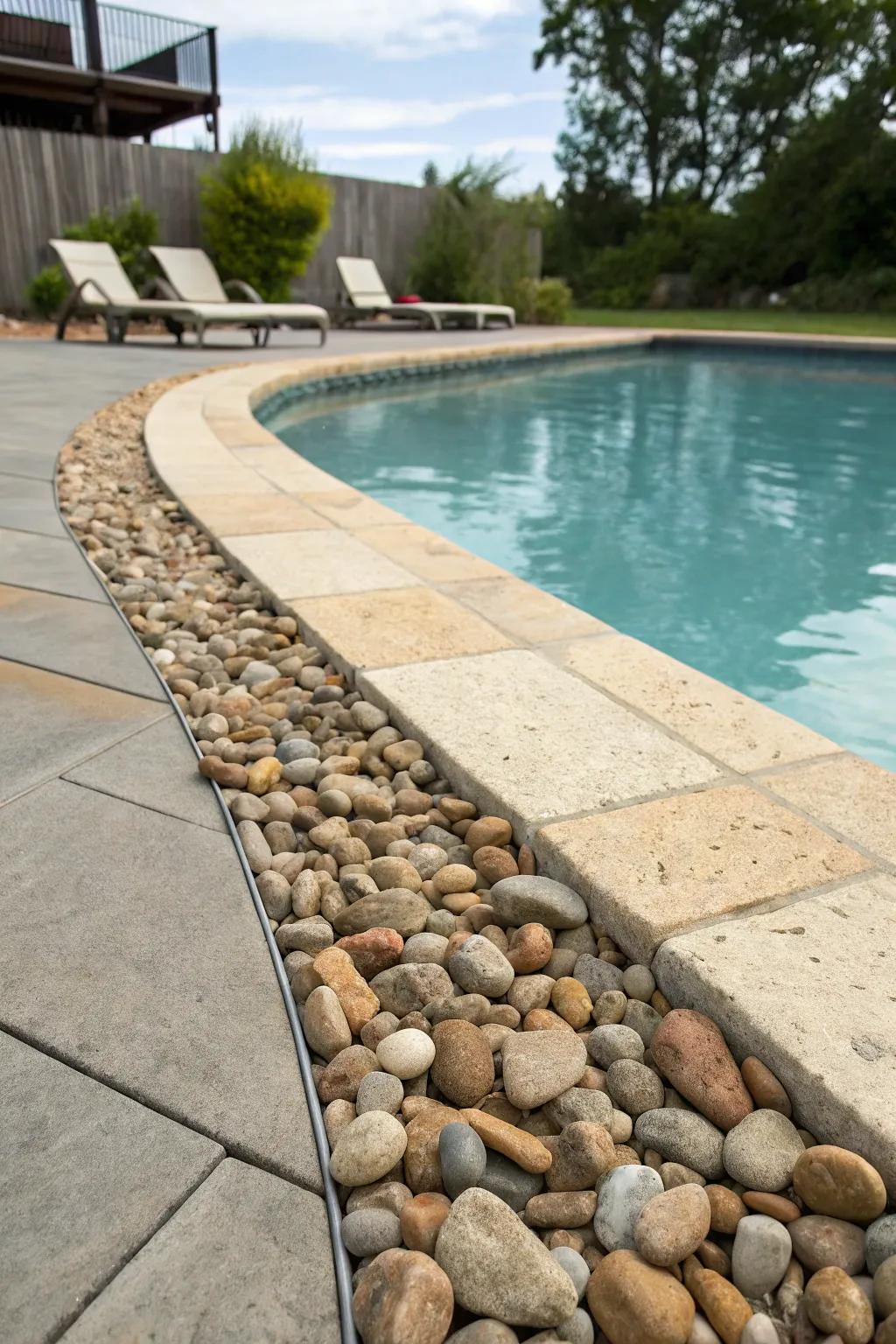 Gravel borders contribute texture and charm to poolside zones.