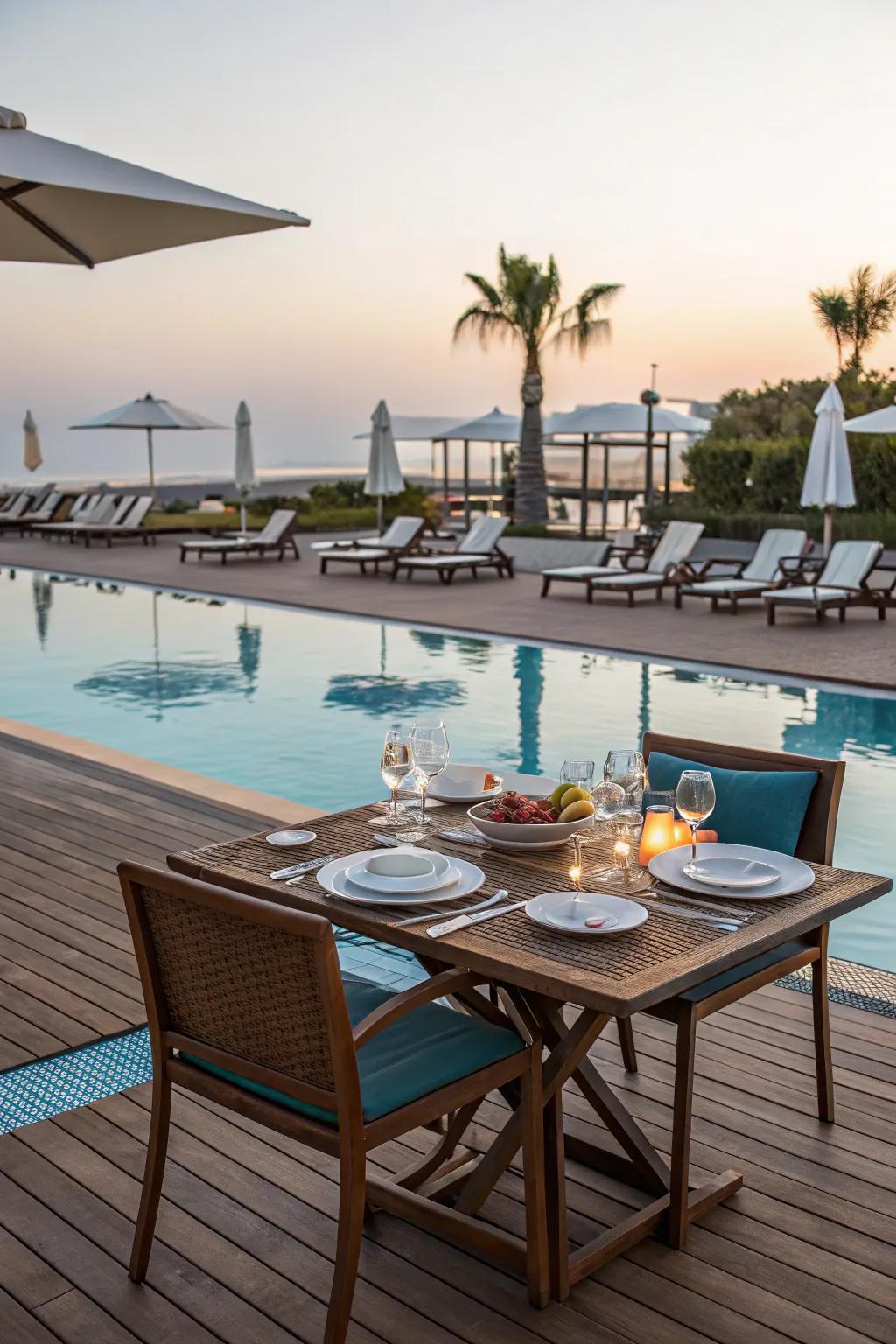 Enjoy outdoor dining with a poolside dining area.