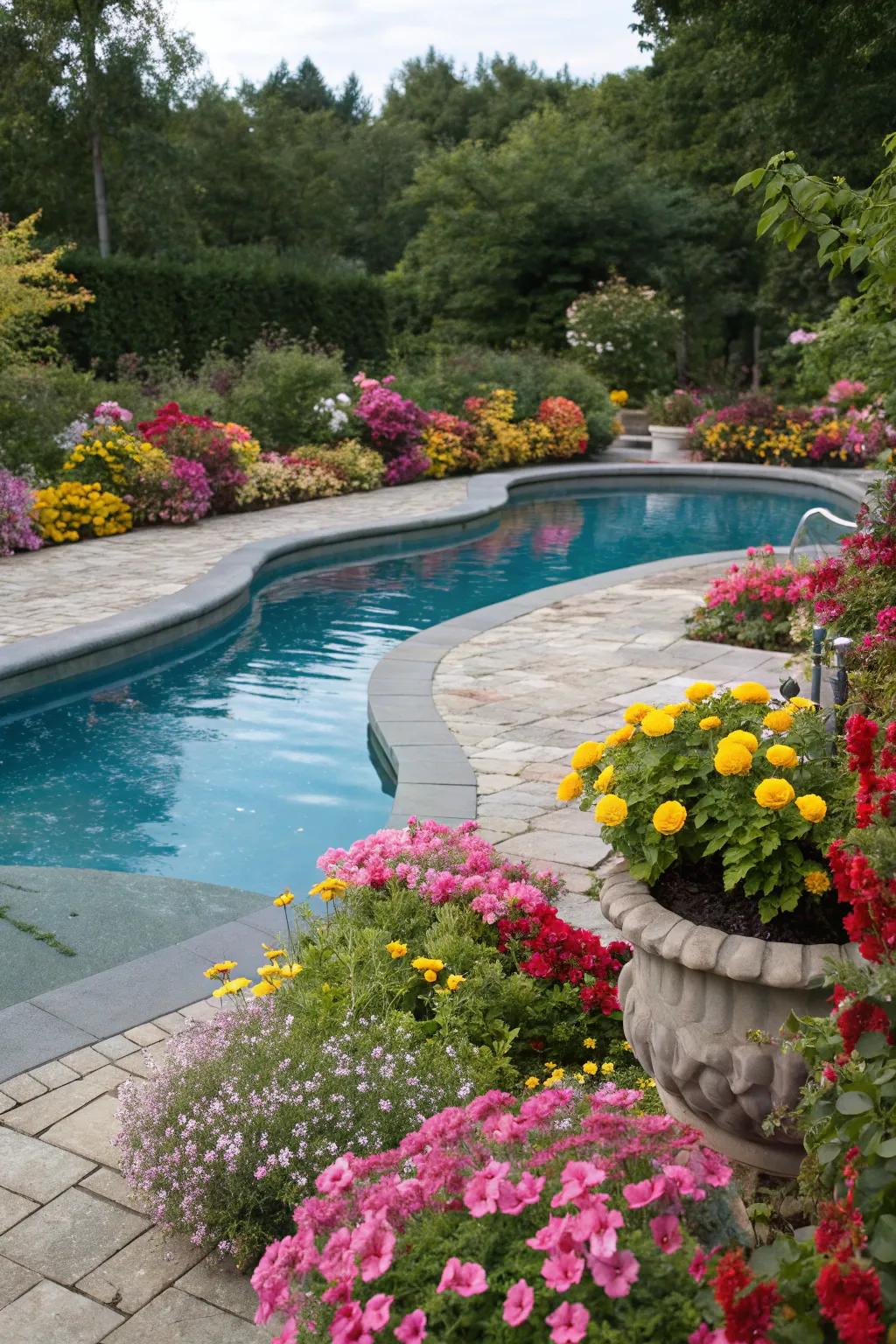 Vibrant floral borders bring color and energy to your poolside.
