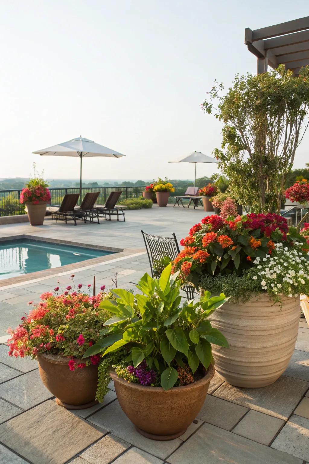 Fill your pool patio with vitality using assorted potted flora.