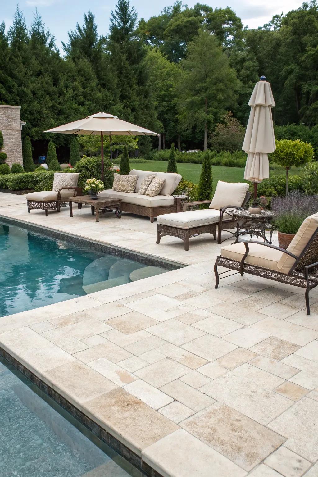 Travertine pavers offer a classic and cool surface for your pool deck.