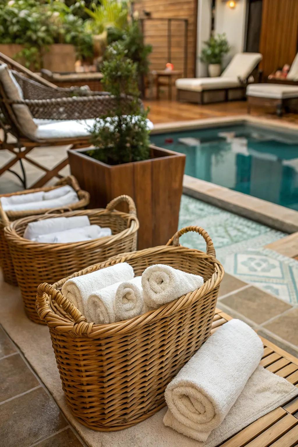 Charming wicker baskets for storing pool towels.