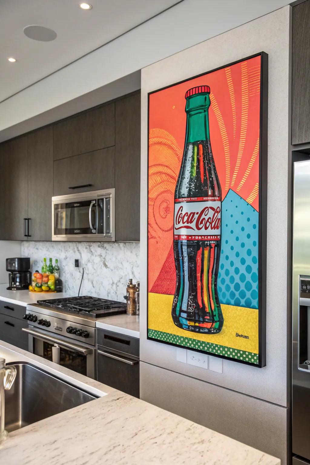 A whimsical pop art painting of a soda bottle introduces charm to the kitchen.